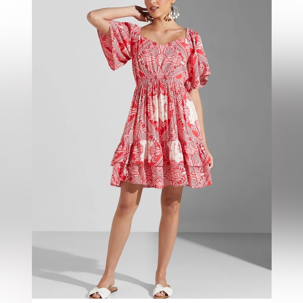 Label Ritu Kumar Ruffle Hem Printed Short Dress Red Paisley Aurora Size Medium